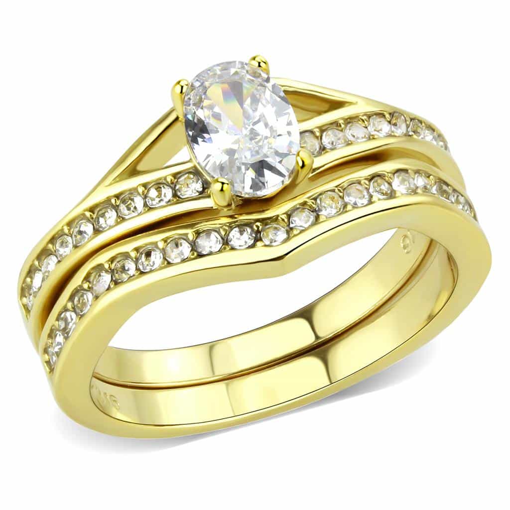 Stainless Steel Gold IP CZ Oval Pave Bridal Stack Ring view 1
