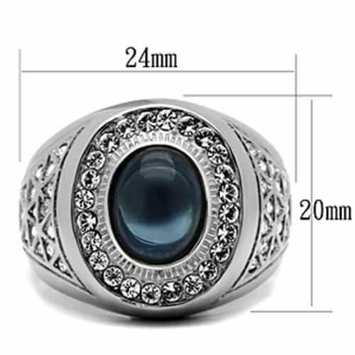 Stainless Steel Blue Stone Oval Halo CZ Pave Mens Signet Ring view 6