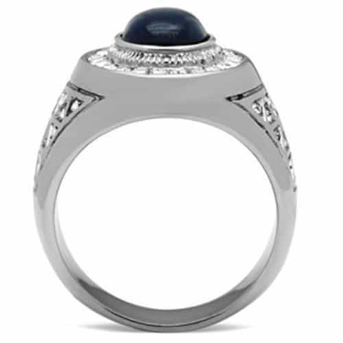 Stainless Steel Blue Stone Oval Halo CZ Pave Mens Signet Ring view 7