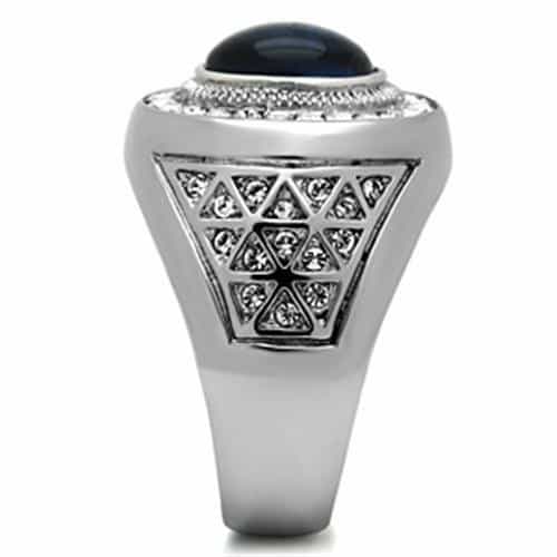 Stainless Steel Blue Stone Oval Halo CZ Pave Mens Signet Ring view 8