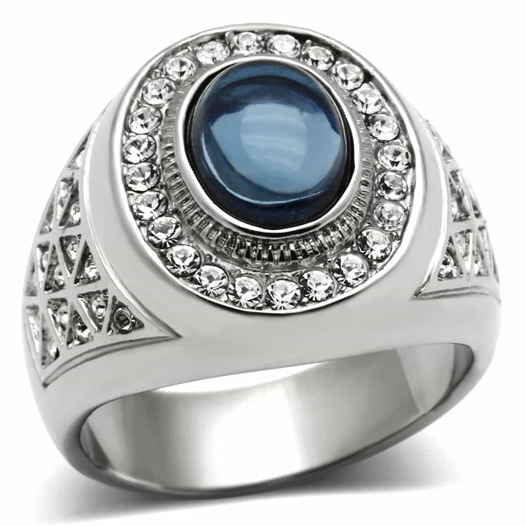 Stainless Steel Blue Stone Oval Halo CZ Pave Mens Signet Ring view 1