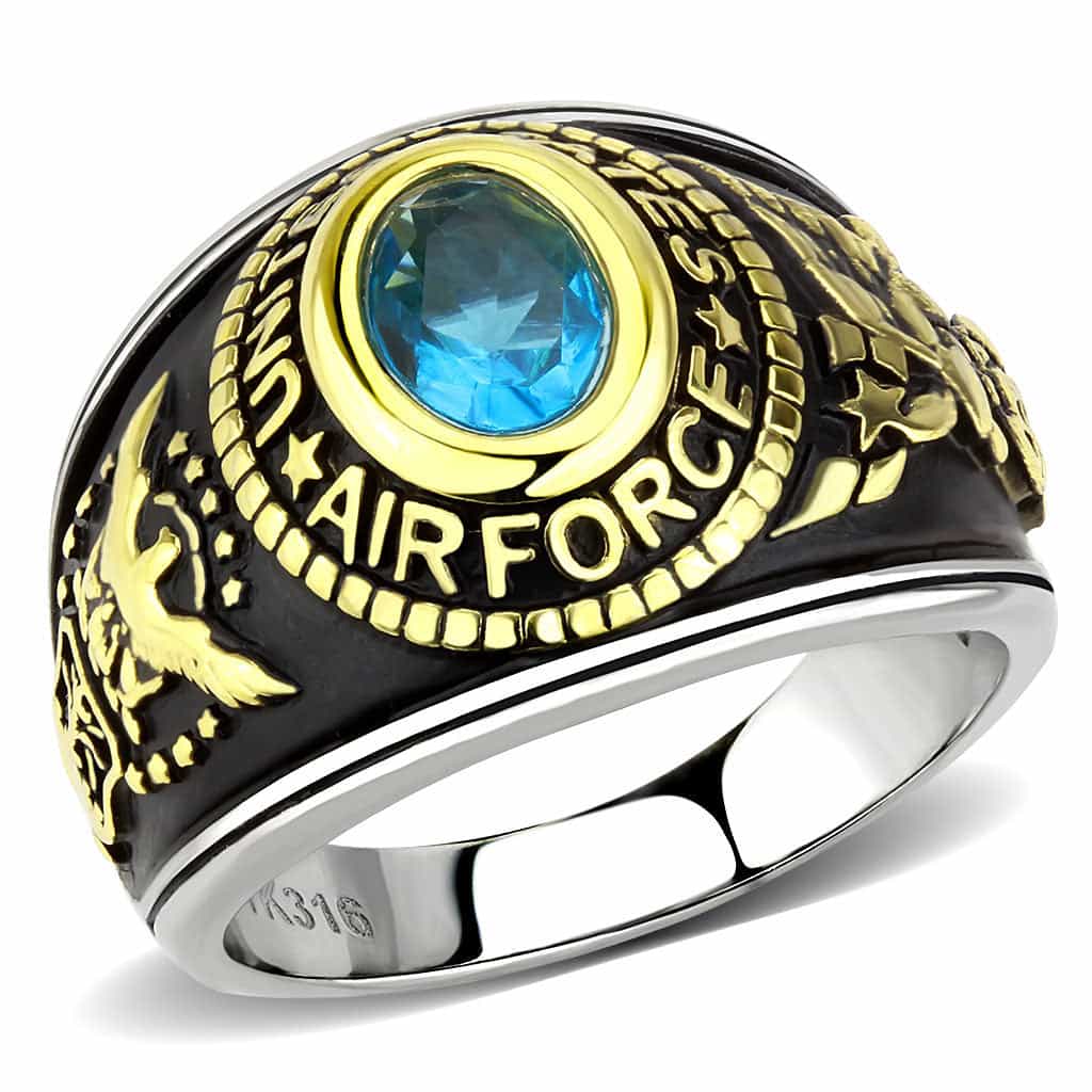 Stainless Steel US Air Force Blue Stone Military Mens Signet Ring view 1