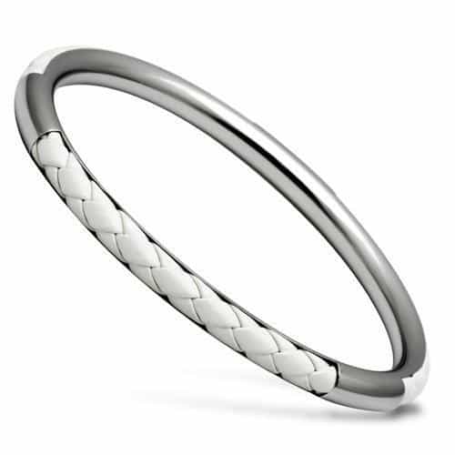 Stainless Steel Silver Polished Woven Leather Style Bracelet view 1