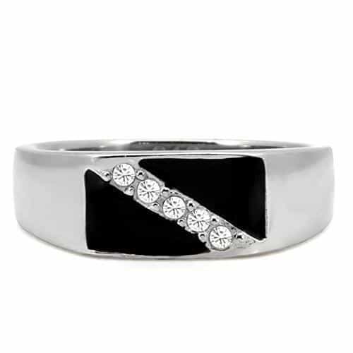 Stainless Steel Silver Black Onyx CZ Diagonal Flat Top Mens Ring view 8