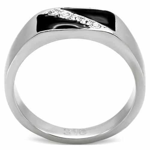 Stainless Steel Silver Black Onyx CZ Diagonal Flat Top Mens Ring view 9