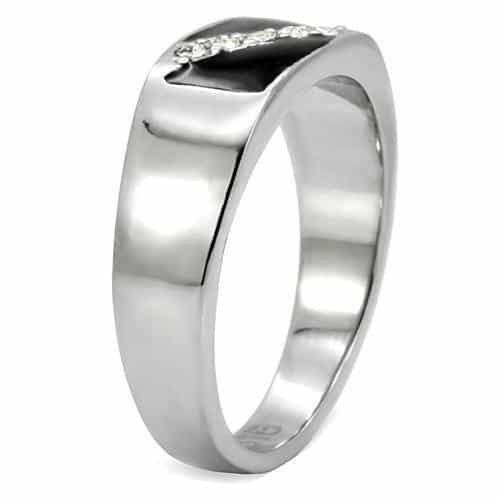 Stainless Steel Silver Black Onyx CZ Diagonal Flat Top Mens Ring view 10