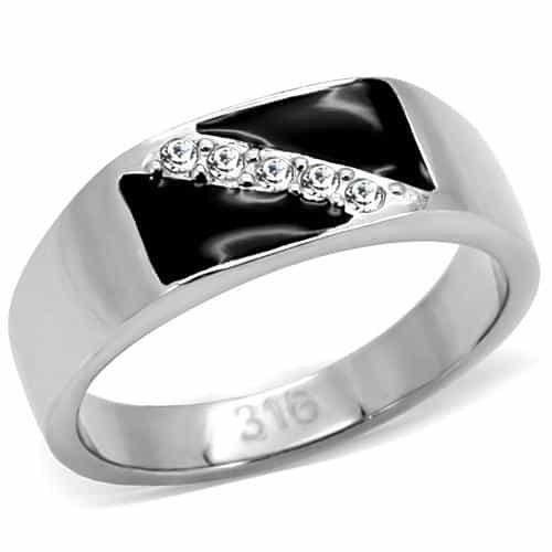 Stainless Steel Silver Black Onyx CZ Diagonal Flat Top Mens Ring view 1