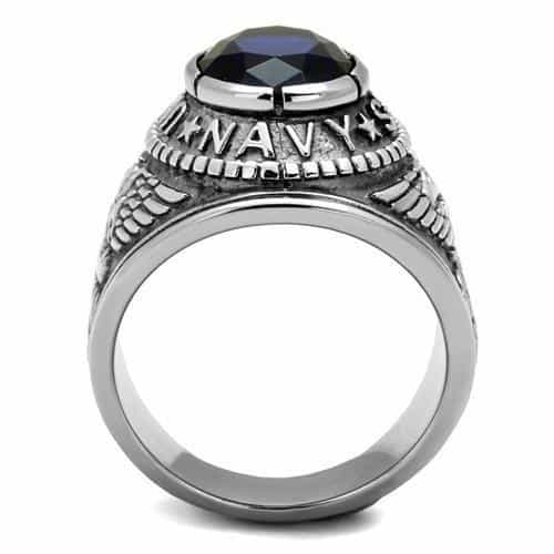 Stainless Steel US Navy Blue Sapphire CZ Military Signet Ring view 3