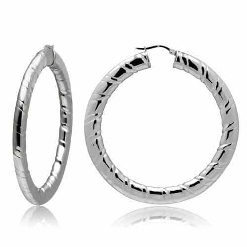 Stainless Steel Silver Polished Diamond Cut Medium Hoop Earrings view 1