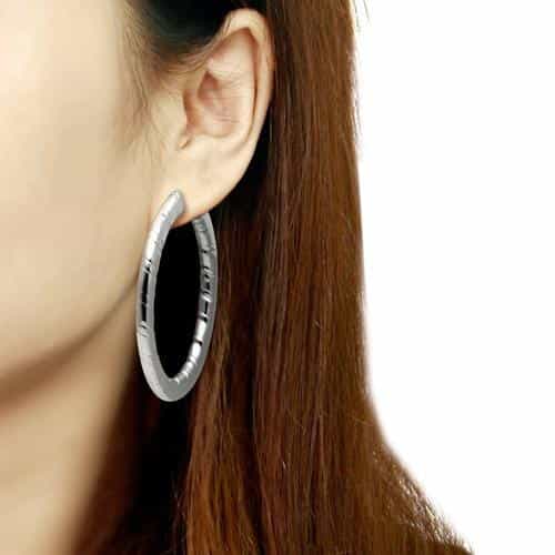 Stainless Steel Silver Polished Diamond Cut Medium Hoop Earrings view 2