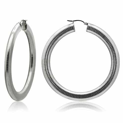 Stainless Steel Silver Polished Ribbed Omega Large Hoop Earrings view 1
