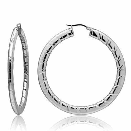 Stainless Steel Silver Polished Notched Diamond Cut Hoop Earrings view 1