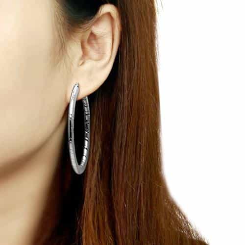 Stainless Steel Silver Polished Notched Diamond Cut Hoop Earrings view 2
