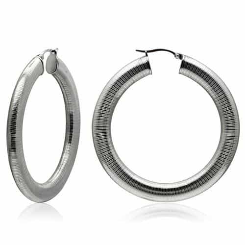 Stainless Steel Silver Polished Oval Tapered Omega Hoop Earrings view 1