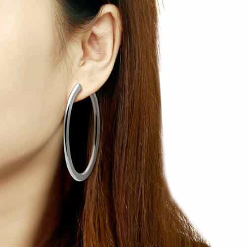 Stainless Steel Silver Polished Ribbed Textured Hoop Earrings view 2