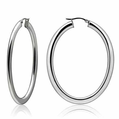 Stainless Steel Silver Polished Ribbed Textured Hoop Earrings view 1