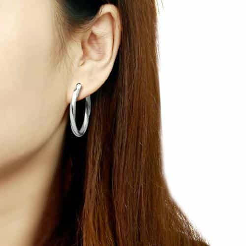 Stainless Steel Silver Polished Flat Thin Round Hoop Earrings view 2