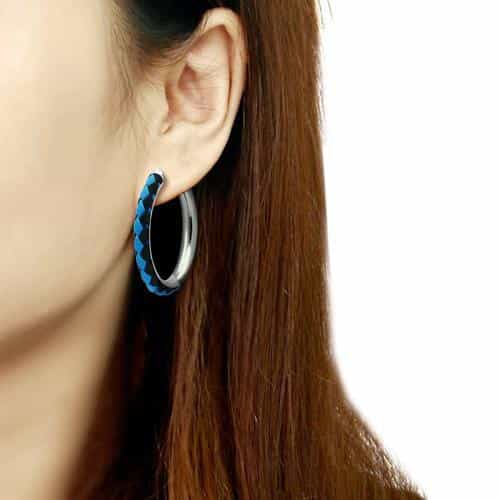 Sterling Silver Blue Black Leather Wrapped Hoop Earrings view 2
