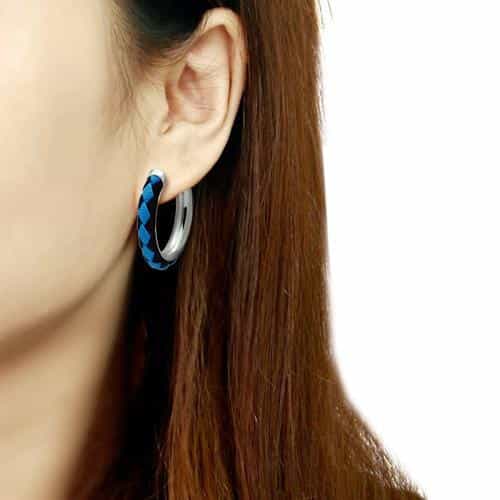 Stainless Steel Silver Blue Black Leather Wrapped Small Hoop Ring view 2