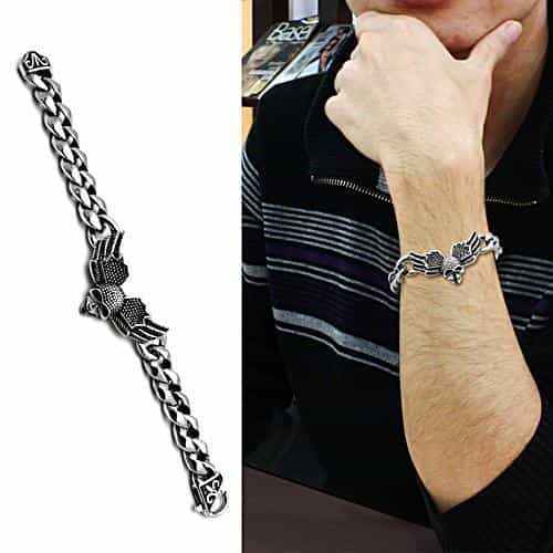 Stainless Steel Silver Eagle Skull Cuban Chain Link Bracelet view 2