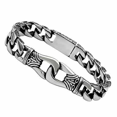 Stainless Steel Silver Scroll Carved ID Cuban Link Mens Bracelet view 1