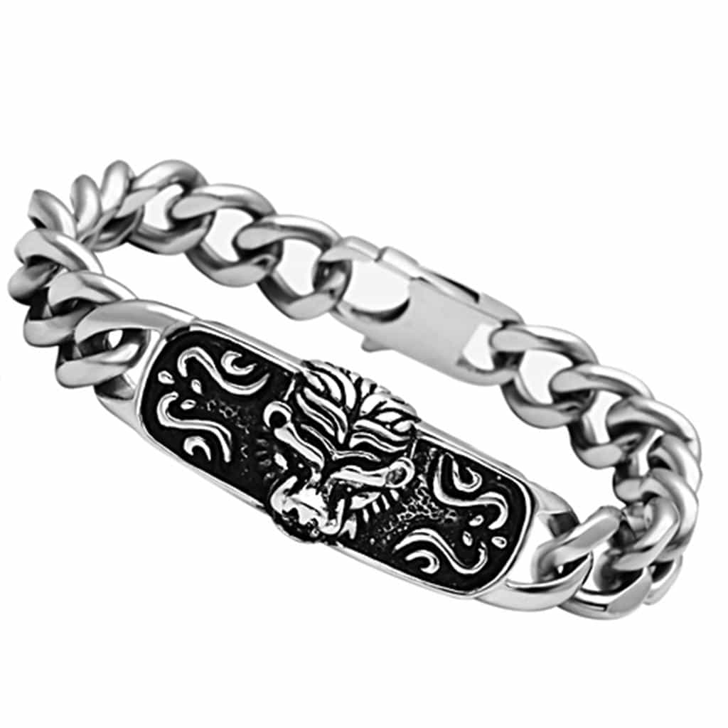 Stainless Steel Silver Lion Face Carved Cuban Link Mens Bracelet view 1