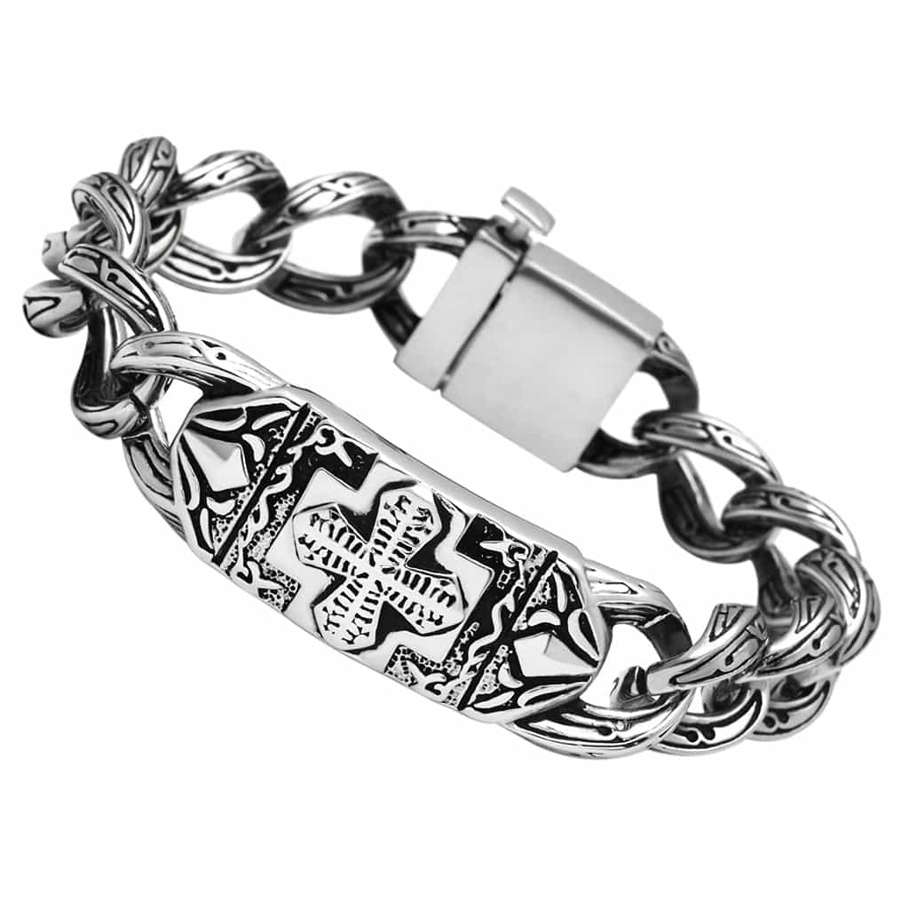 Stainless Steel Silver Cross Carved ID Cuban Link Mens Bracelet view 1