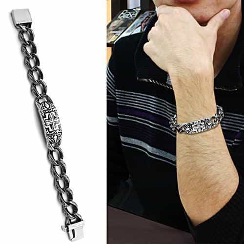 Stainless Steel Silver Cross Carved ID Cuban Link Mens Bracelet view 2