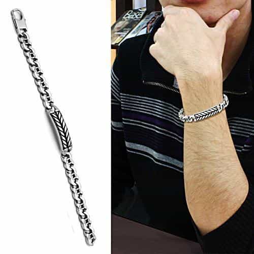 Stainless Steel Silver Chevron Arrow ID Cuban Link Mens Bracelet view 2