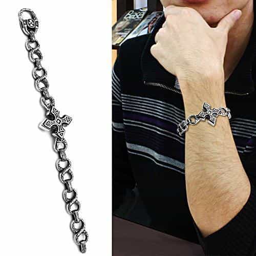 Stainless Steel Silver Celtic Cross Link Chain Mens Bracelet view 2