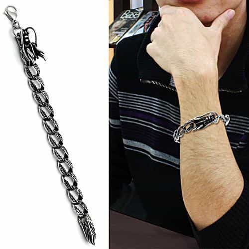 Stainless Steel Silver Dragon Head Cuban Link Biker Mens Bracelet view 2