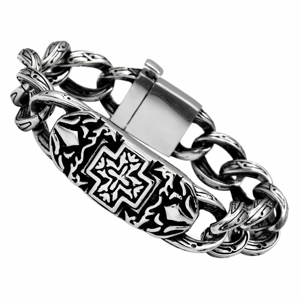 Stainless Steel Silver Celtic Cross ID Cuban Link Mens Bracelet view 1