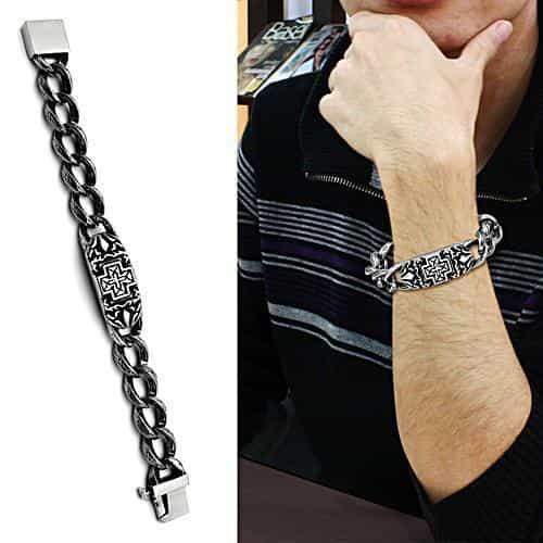 Stainless Steel Silver Celtic Cross ID Cuban Link Mens Bracelet view 2
