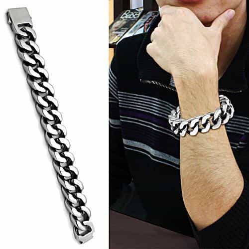 Stainless Steel Silver Heavy Polished Cuban Link Chain Bracelet view 2