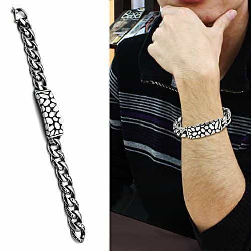 Stainless Steel Silver Pebble Pattern Cuban Link Mens Bracelet view 2
