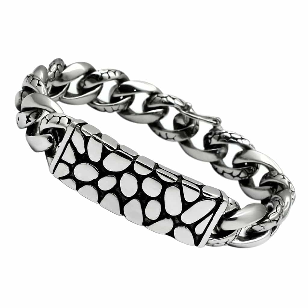 Stainless Steel Silver Pebble Pattern Cuban Link Mens Bracelet view 1