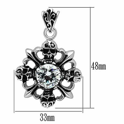 Stainless Steel Silver CZ Round Skull Fleur De Lis Pendant view 2