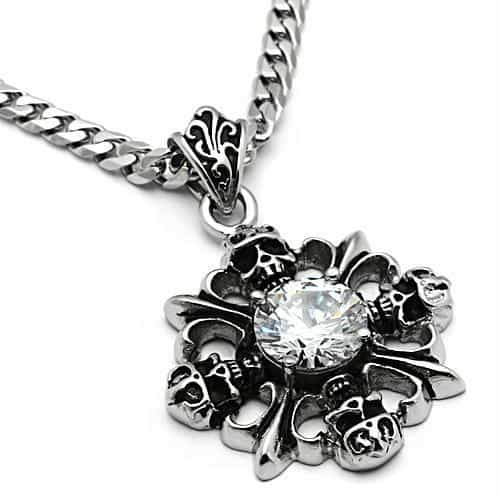 Stainless Steel Silver CZ Round Skull Fleur De Lis Pendant view 3