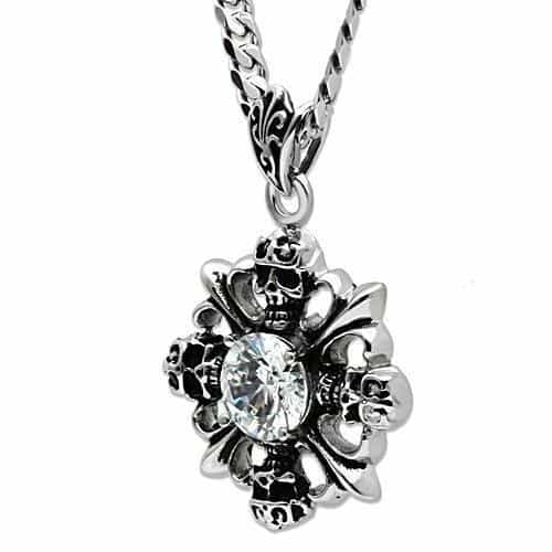 Stainless Steel Silver CZ Round Skull Fleur De Lis Pendant view 4