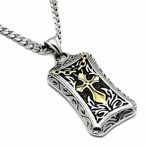 Stainless Steel Gold IP Cross Floral Carved Shield Pendant view 3