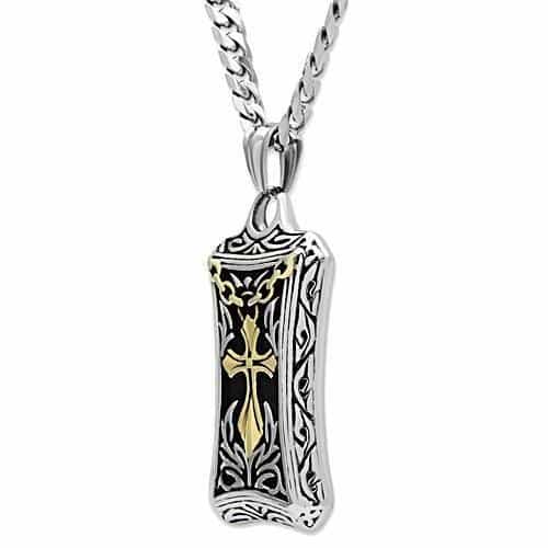 Stainless Steel Gold IP Cross Floral Carved Shield Pendant view 4