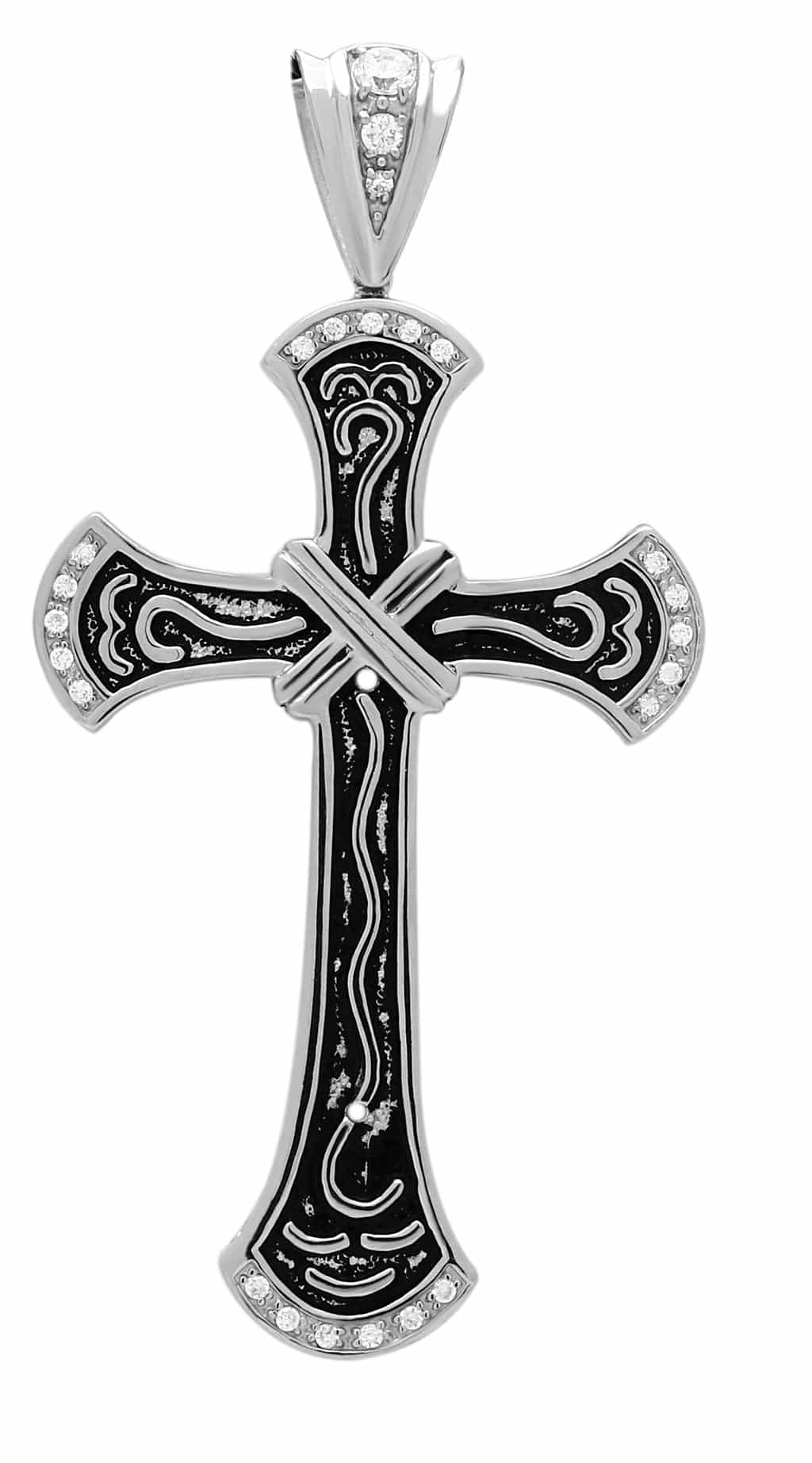 Stainless Steel Silver CZ Cross Scroll Carved Pendant view 1