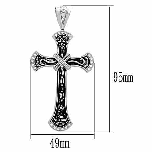 Stainless Steel Silver CZ Cross Scroll Carved Pendant view 2