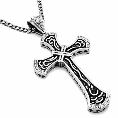 Stainless Steel Silver CZ Cross Scroll Carved Pendant view 3
