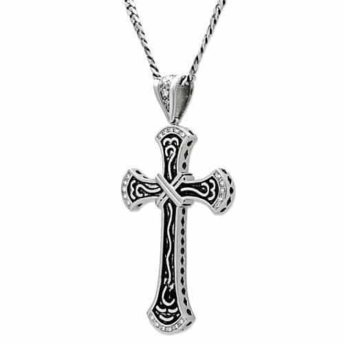 Stainless Steel Silver CZ Cross Scroll Carved Pendant view 4