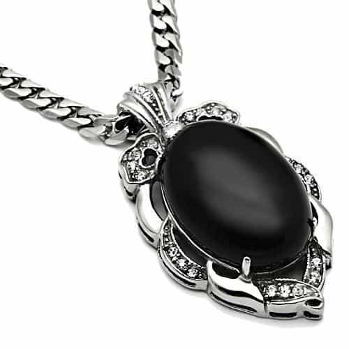 Stainless Steel Silver Black Onyx Oval CZ Crown Pendant Pendant view 3