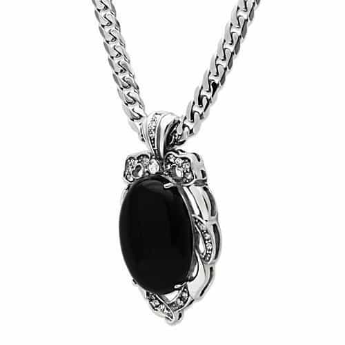 Stainless Steel Silver Black Onyx Oval CZ Crown Pendant Pendant view 4
