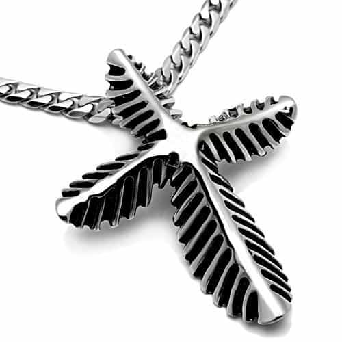 Stainless Steel Silver Fishbone Leaf Cross Pendant view 3