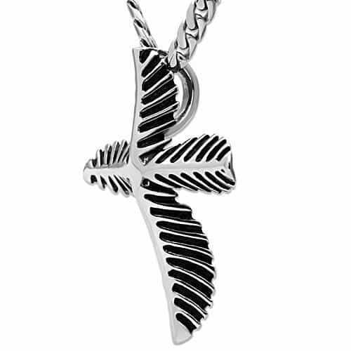 Stainless Steel Silver Fishbone Leaf Cross Pendant view 4