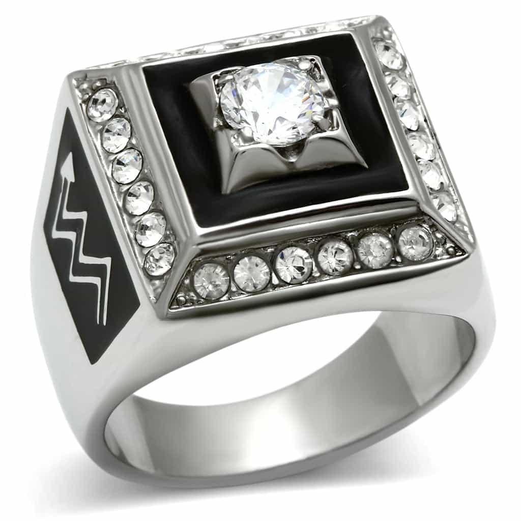 Stainless Steel Silver CZ Round Black Enamel Lightning Ring view 1